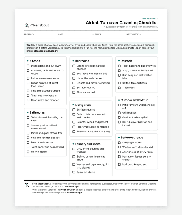 Preview of the free one-page Airbnb turnover cleaning checklist: room-by-room tick boxes for kitchen, bathrooms, bedrooms, living areas, laundry, restock, outdoor and before-you-leave checks