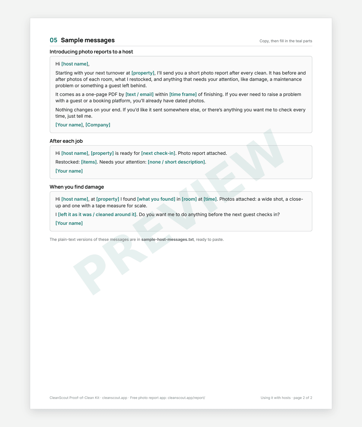 Watermarked PREVIEW of the kit host guide page with three sample message templates to send hosts