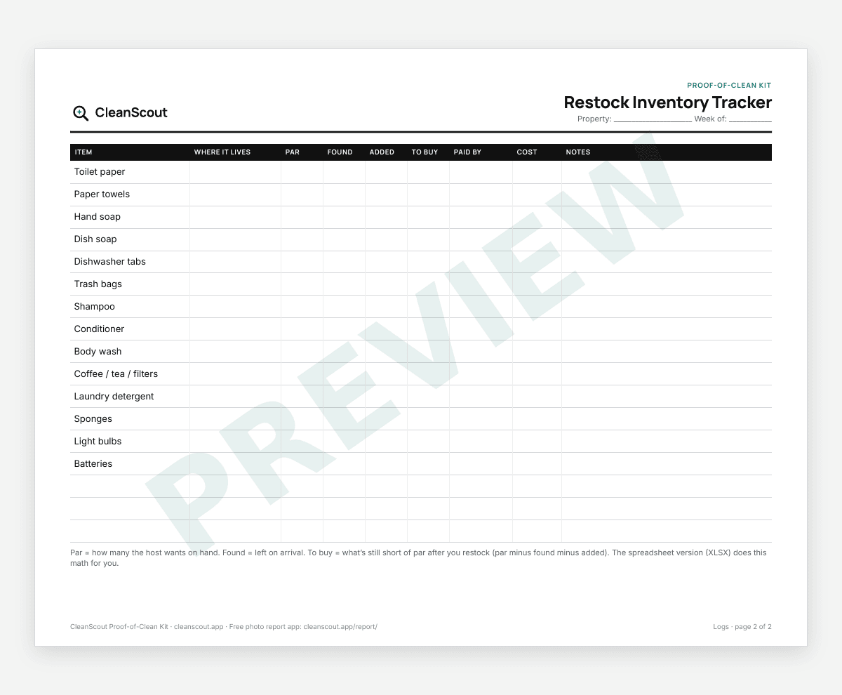 Watermarked PREVIEW of the kit restock inventory tracker, a landscape table of items, counts and what to buy