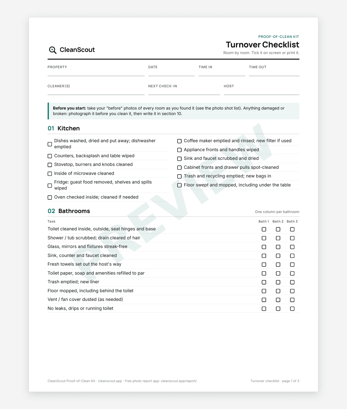 Watermarked PREVIEW of the Proof-of-Clean Kit turnover checklist, page 1: property and cleaner fields, kitchen and bathroom tick boxes