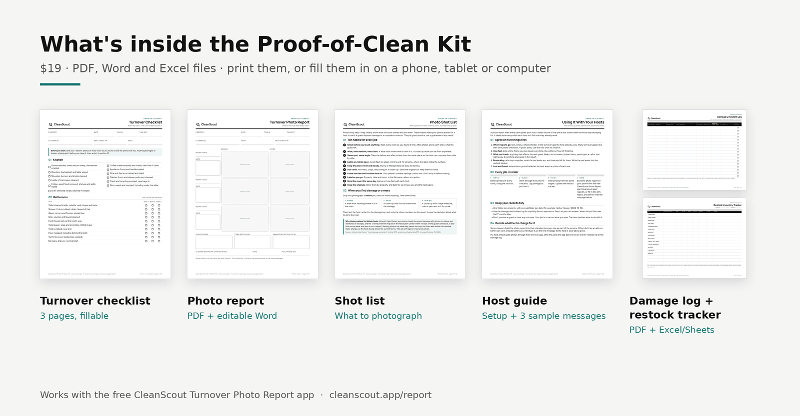 What's inside the Proof-of-Clean Kit: turnover checklist (3 pages, fillable), photo report (PDF and editable Word), shot list, host guide with 3 sample messages, and damage log plus restock tracker (PDF and Excel/Sheets)