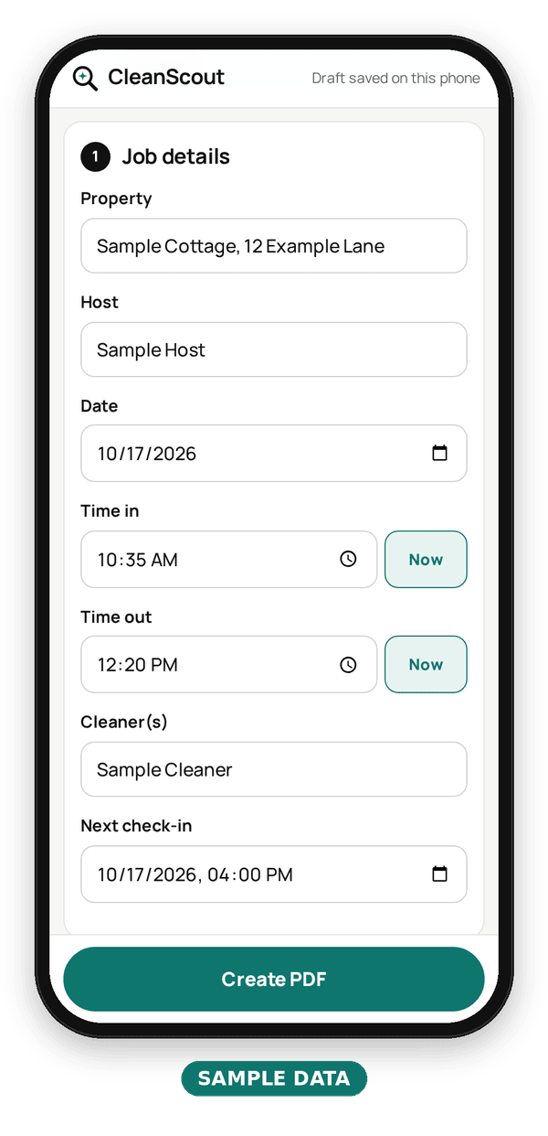 Phone screenshot, step 1: the job details form filled in with example data (Sample Cottage, 12 Example Lane, Sample Host, Sample Cleaner, date, time in and out, next check-in)