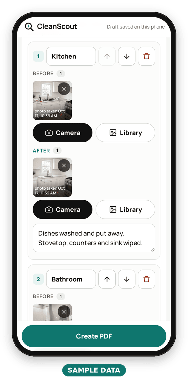 Phone screenshot, step 2: the Kitchen room in the app with one before photo (messy counter) and one after photo (clean counter), each marked with the time it was taken, plus a room note, example data