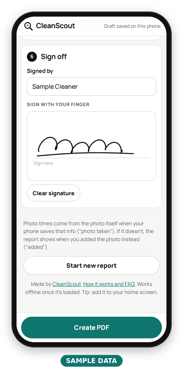 Phone screenshot, step 3: the sign-off screen with a finger-drawn signature, example data