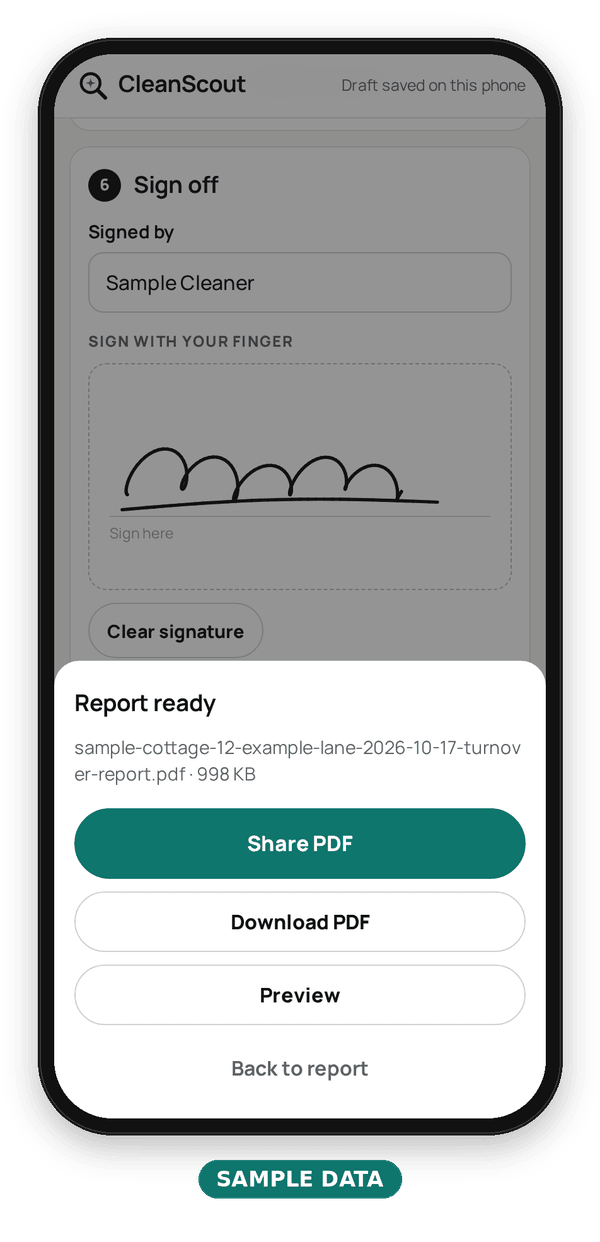 Phone screenshot, step 4: the Report ready sheet showing the sample PDF file name with Share PDF, Download PDF and Preview buttons, example data