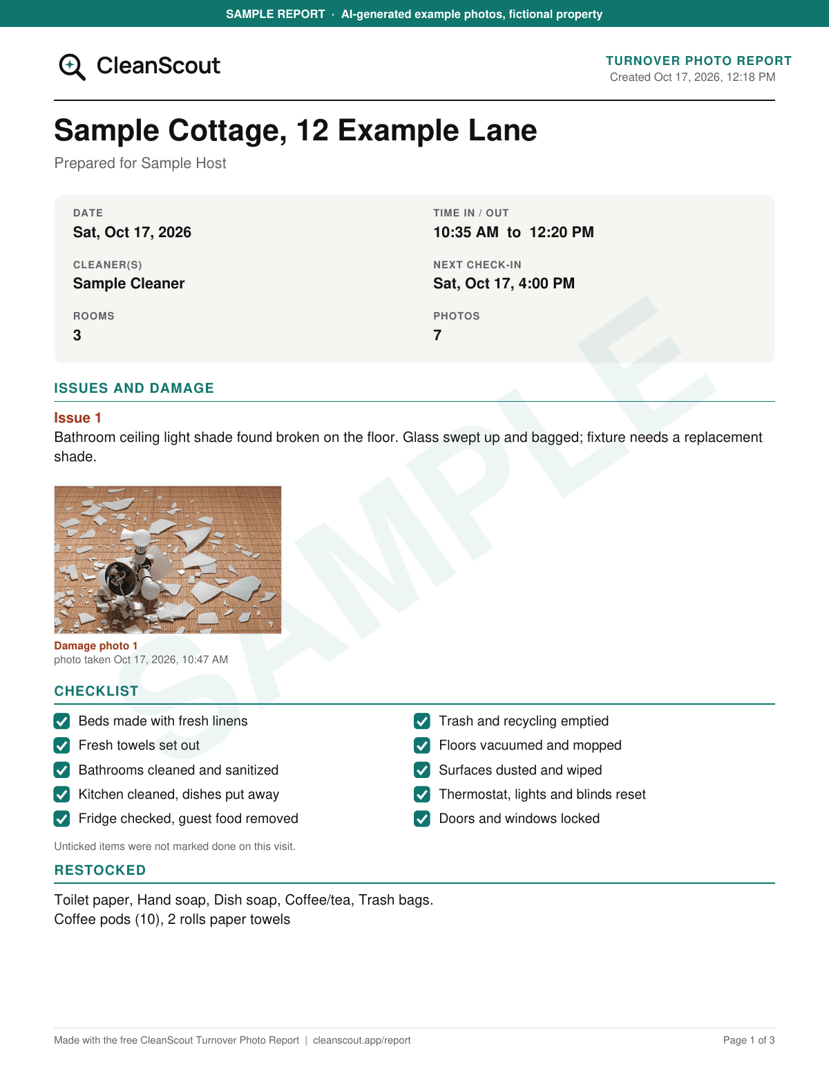 Sample report page 1, stamped SAMPLE: Sample Cottage, 12 Example Lane, prepared for Sample Host; date, time in and out, cleaner, next check-in; one issue (broken bathroom light shade) with a damage photo; ticked checklist; items restocked