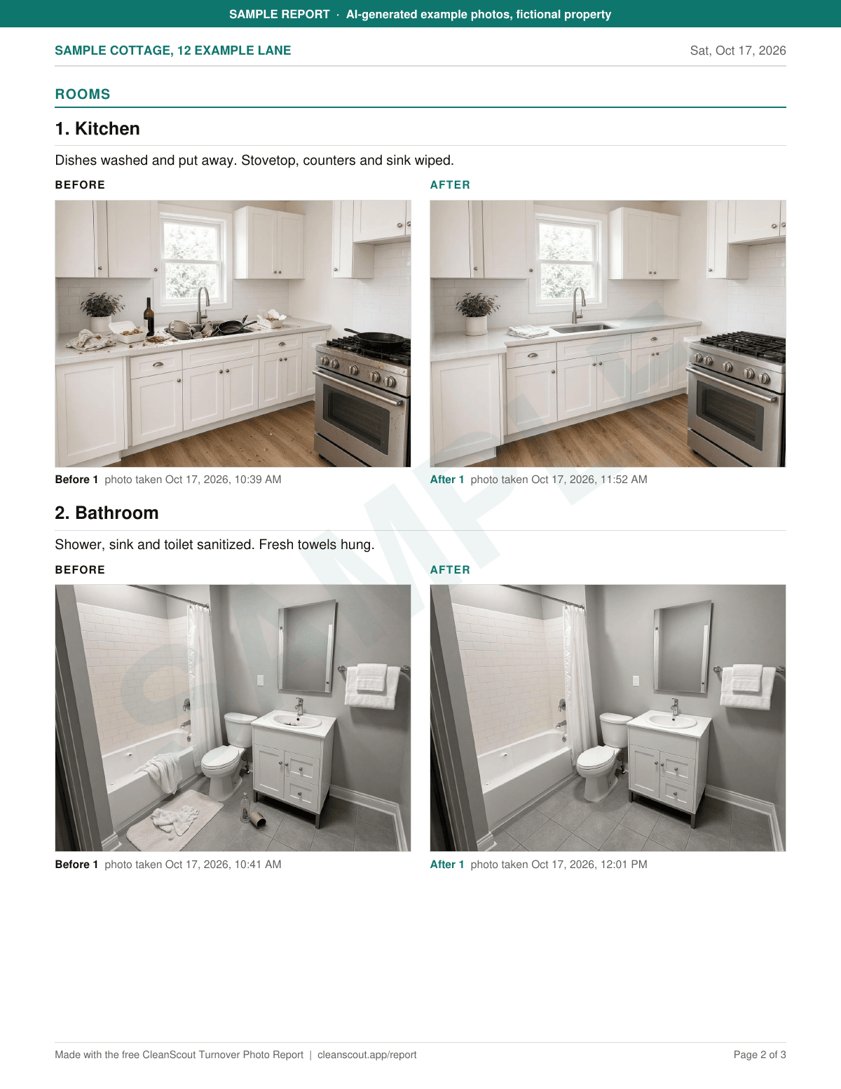 Sample report page 2, stamped SAMPLE: kitchen with dirty dishes before and cleared counters after, bathroom with towels on the floor before and tidy after, each photo with the time it was taken