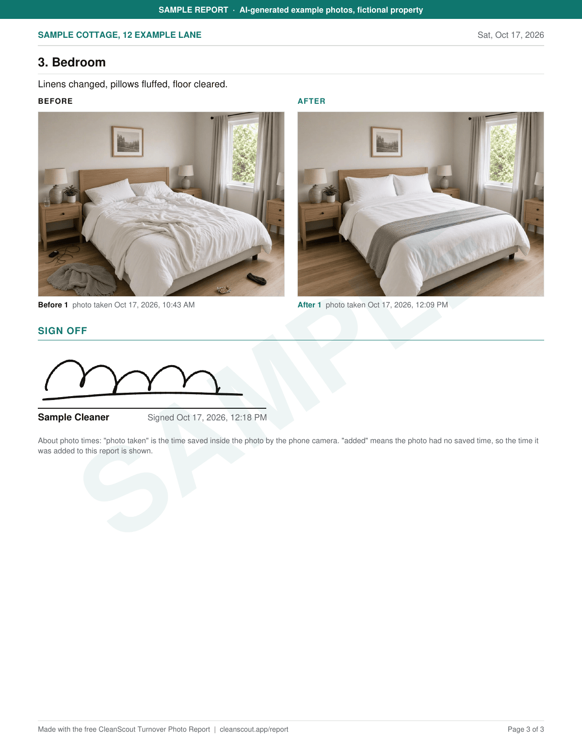 Sample report page 3, stamped SAMPLE: bedroom before photo with an unmade bed and clutter on the floor, after photo with the bed made, and the cleaner sign-off with signature and time